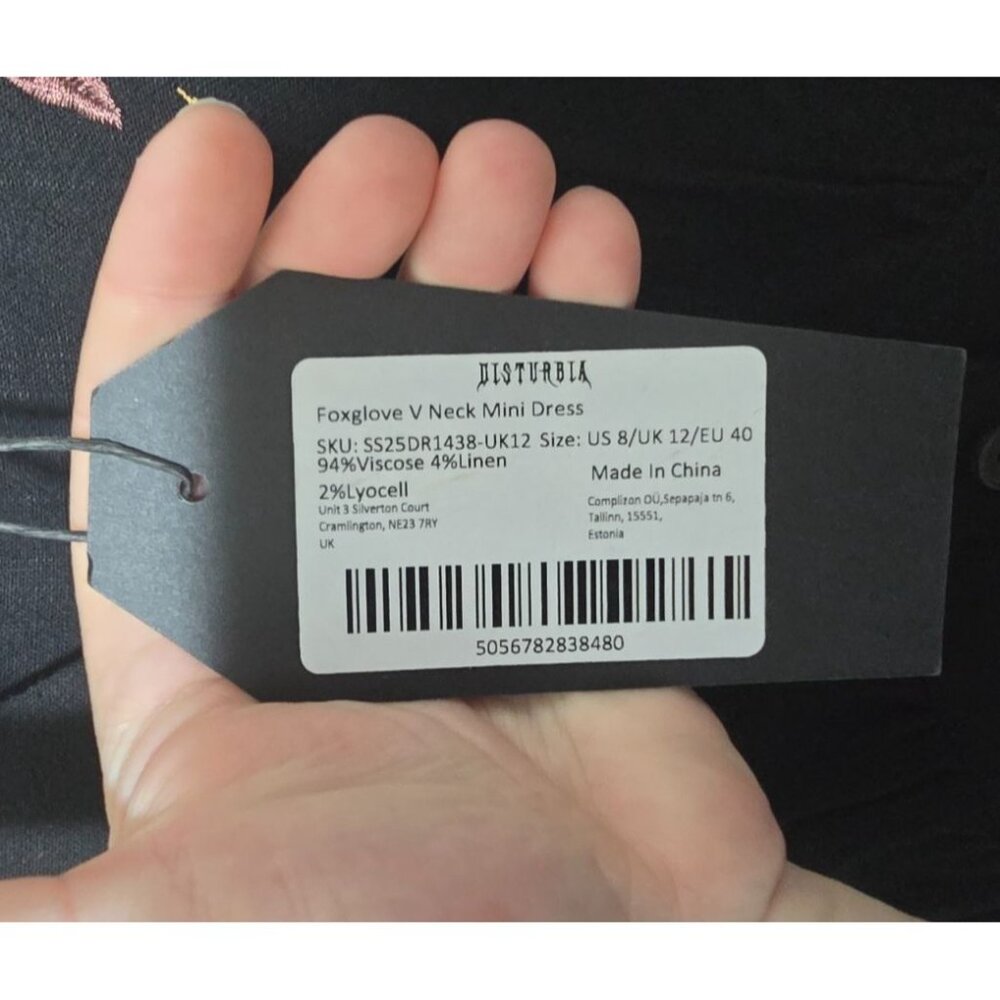 Disturbia Embroidered Foxglove V-neck Mini Dress 8 Whimsigoth Witch Black Gothic - Picture 8 of 16